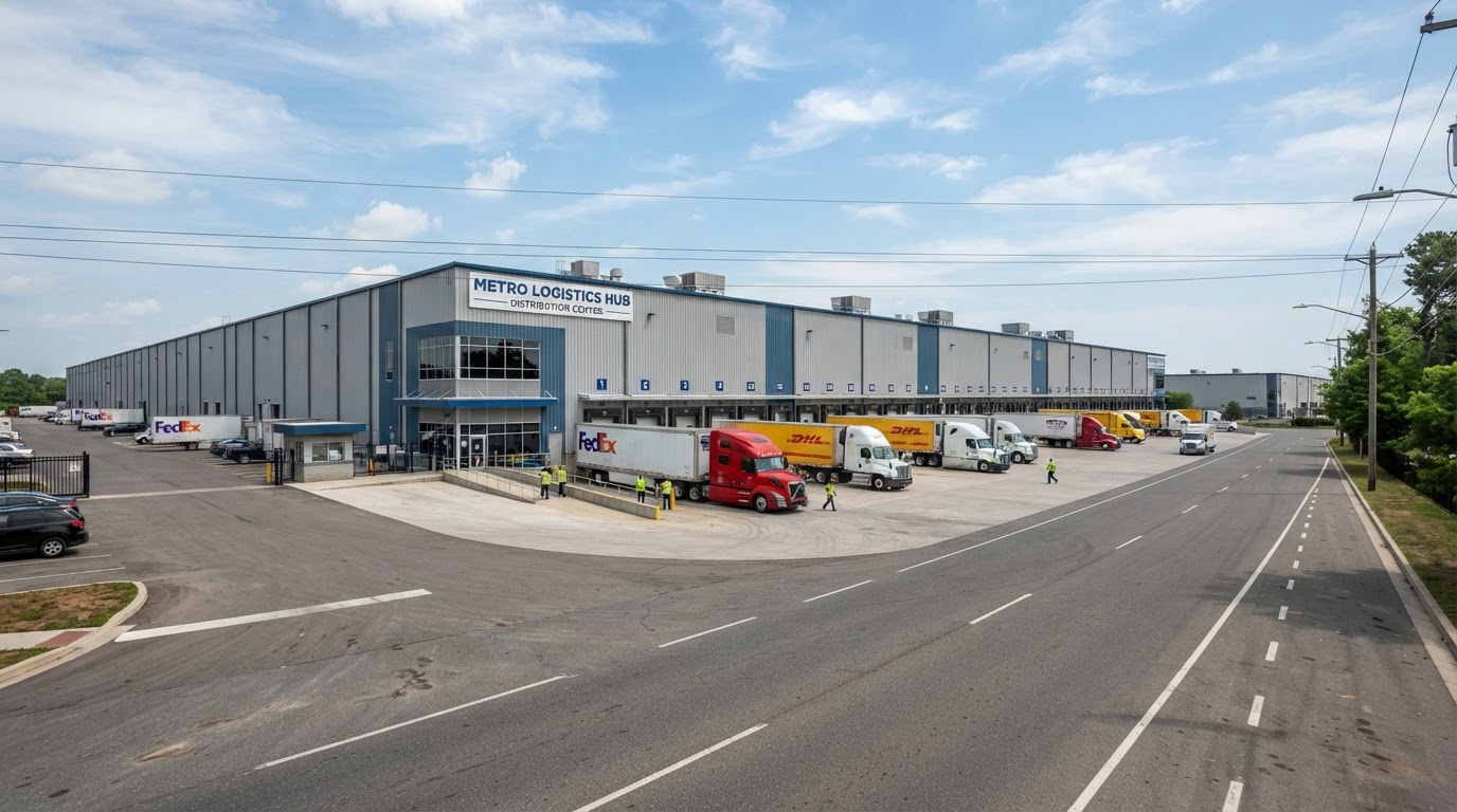 Street View screenshot of a distribution center facade with loading docks